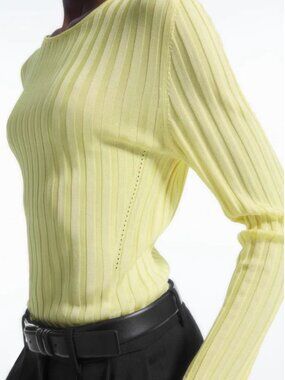 COS Pale Yellow Ribbed Long Sleeve Crewneck Top